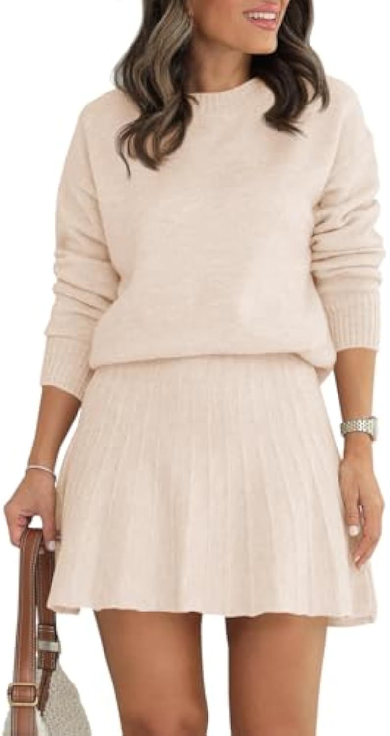 Damen Zweiteiliges Strick-Set mit Rundhals-Pullover und Plissée-Minirock Drune