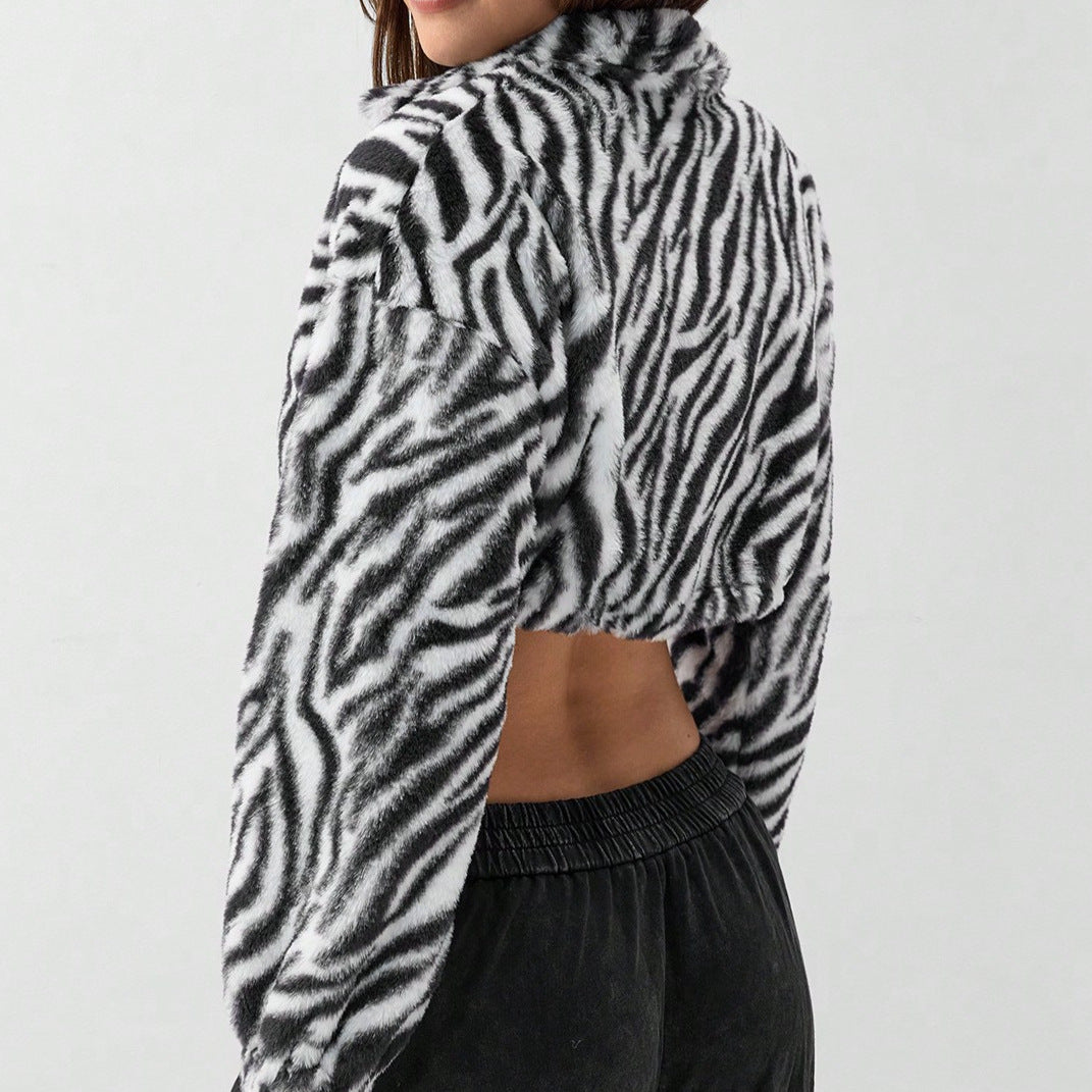 Damen cropped Fleece-Jacke mit modernem Zebra-Design und elastischen Bündchen Drune