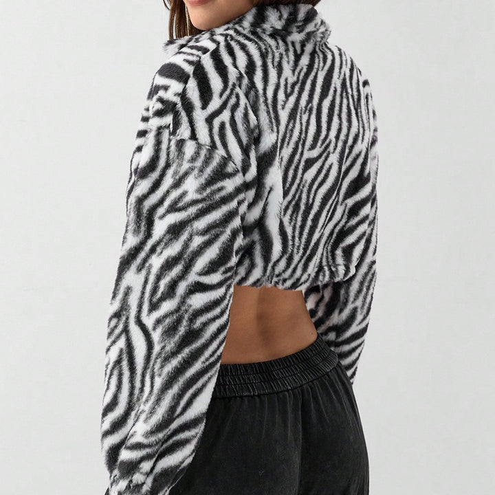 Damen cropped Fleece-Jacke mit modernem Zebra-Design und elastischen Bündchen Drune