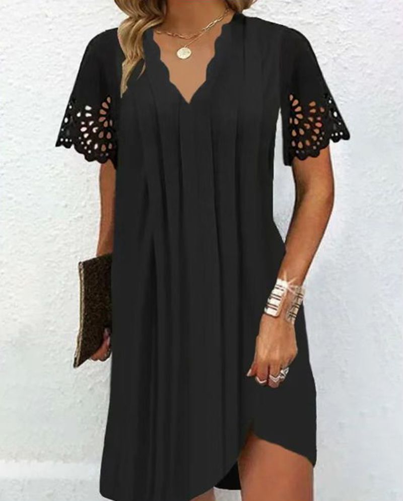 Damen nan leichtes Sommerkleid mit gezacktem V-Ausschnitt Ajourärmeln und geschwungenem Saum Drune
