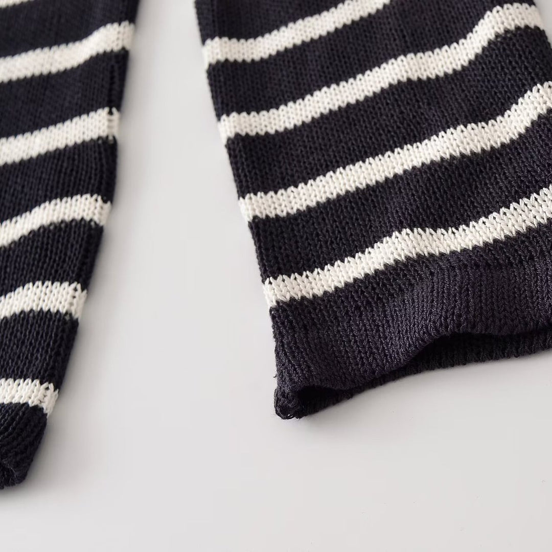 Damen Gestreifter Feinstrick-Pullover mit Knopfleiste und Rundhalsausschnitt Drune