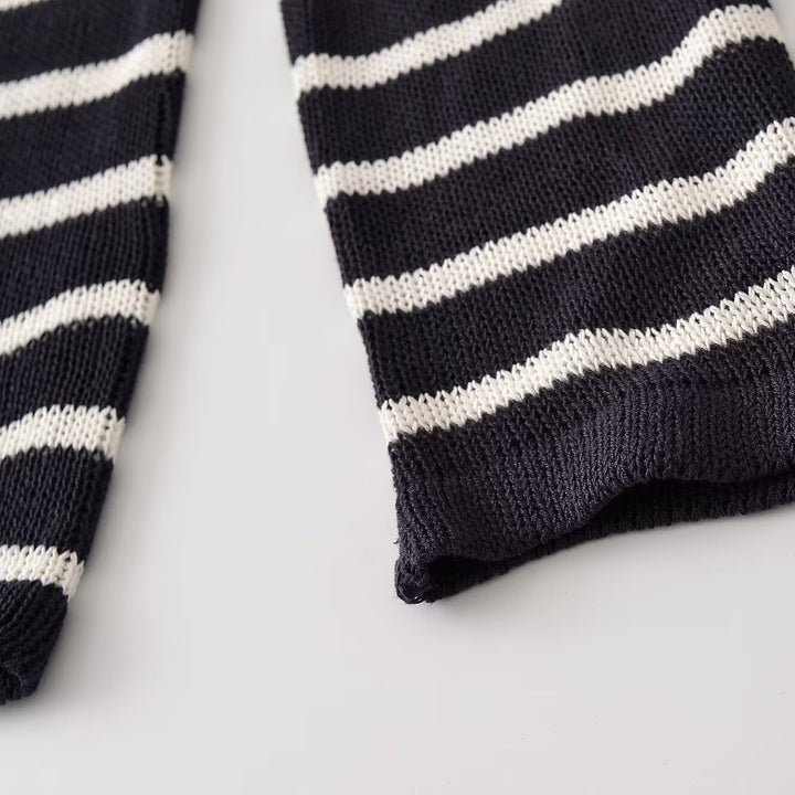Damen Gestreifter Feinstrick-Pullover mit Knopfleiste und Rundhalsausschnitt Drune