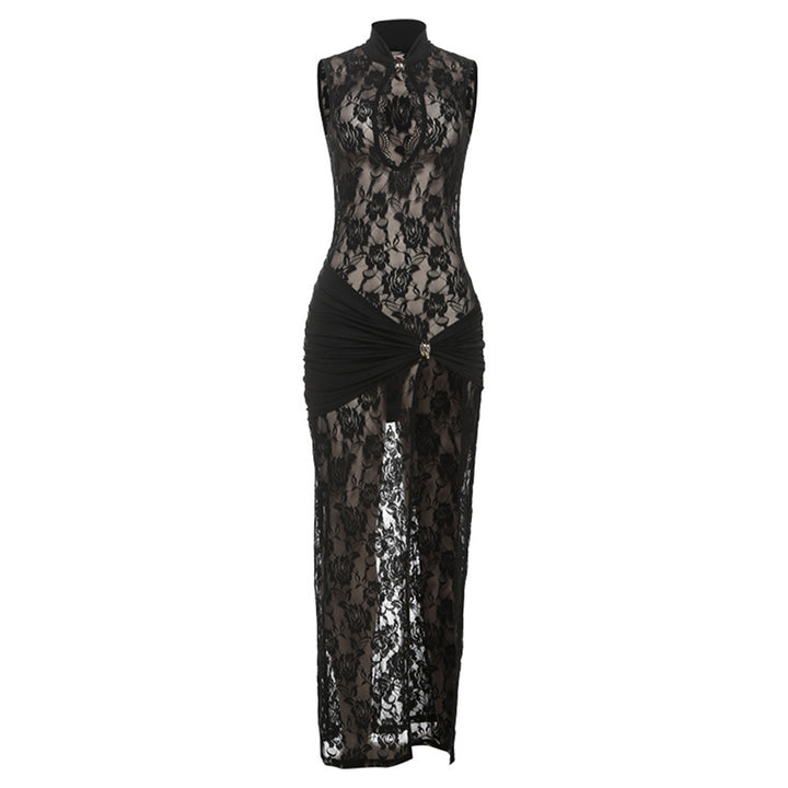 Damen Transparente Spitzenkleid mit elegantem Drapierungsdesign Drune