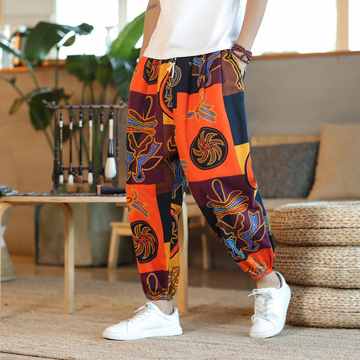 Herren Weite Haremshose im Boho-Print mit elastischem Tunnelzug und gekräuseltem Knöchelbund Drune