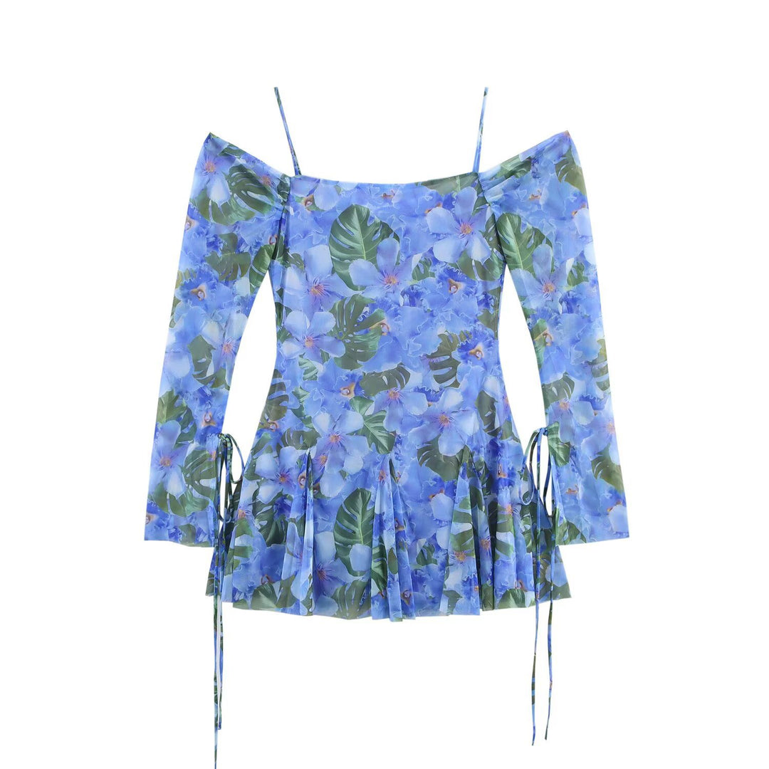Damen Carmen-Minikleid mit Spaghettiträgern, langen Ärmeln und plissee‑Rock Drune