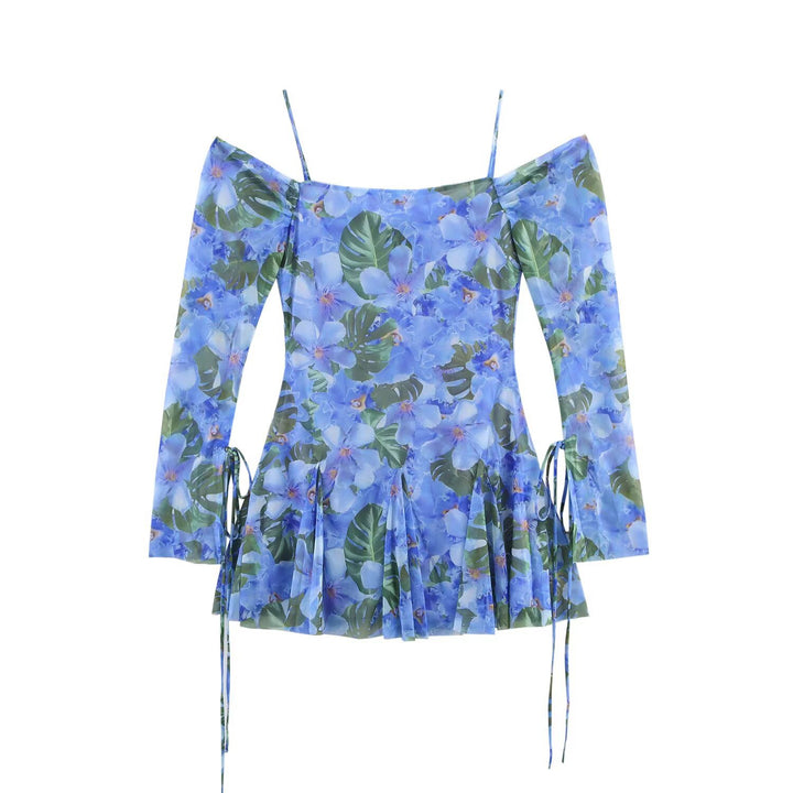 Damen Carmen-Minikleid mit Spaghettiträgern, langen Ärmeln und plissee‑Rock Drune
