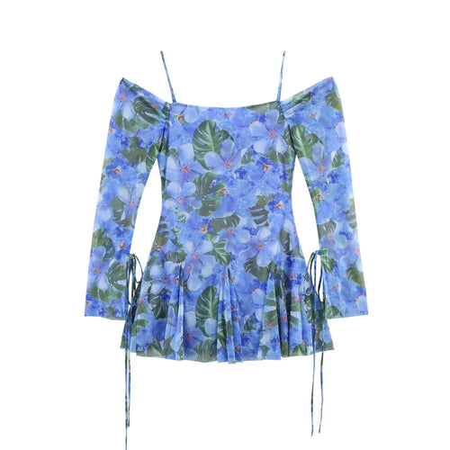 Damen Carmen-Minikleid mit Spaghettiträgern, langen Ärmeln und plissee‑Rock Drune