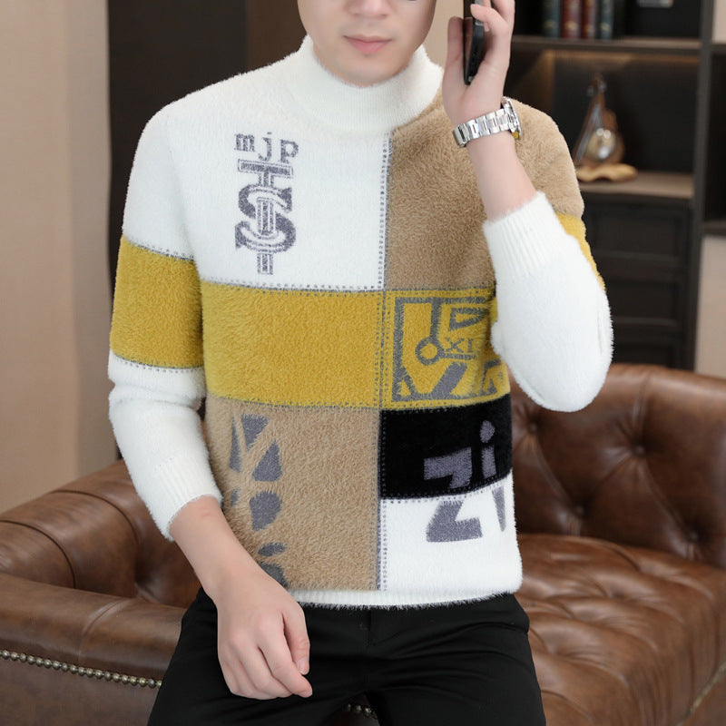 Herren Gemusterter Rollkragenpullover aus flauschigem Bouclé‑Mix mit Patch‑Intarsien Drune