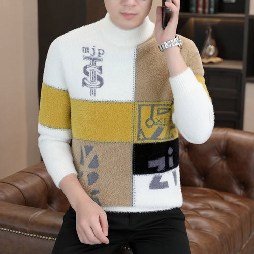 Herren Gemusterter Rollkragenpullover aus flauschigem Bouclé‑Mix mit Patch‑Intarsien Drune
