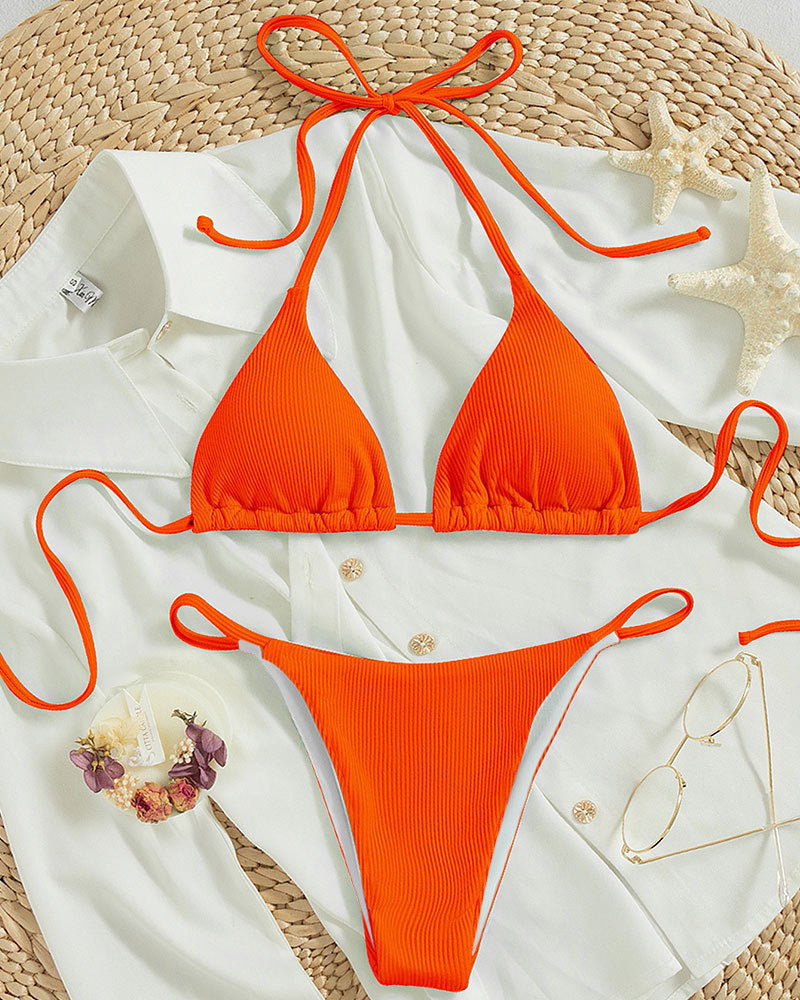 Damen Triangel-Bikini mit feinem Rippstruktur und verspielten Bindebändern Drune