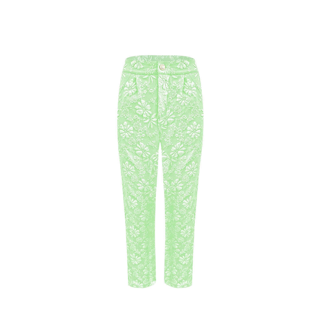 Damen Hochtaillierte Bundfalten‑Hose mit floralem Jacquard und geradem Bein Drune