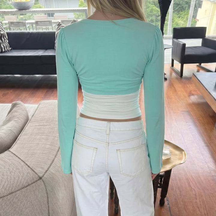Damen Bolero-inspiriertes Crop-Top mit tailliertem Unterteil, V‑Ausschnitt und ausgestellten Ärmeln Drune