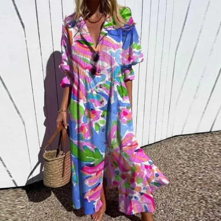 Frauen Fließendes Maxikleid mit Durchgehendem Knopfverschluss V-Ausschnitt und Volksdruck Drune