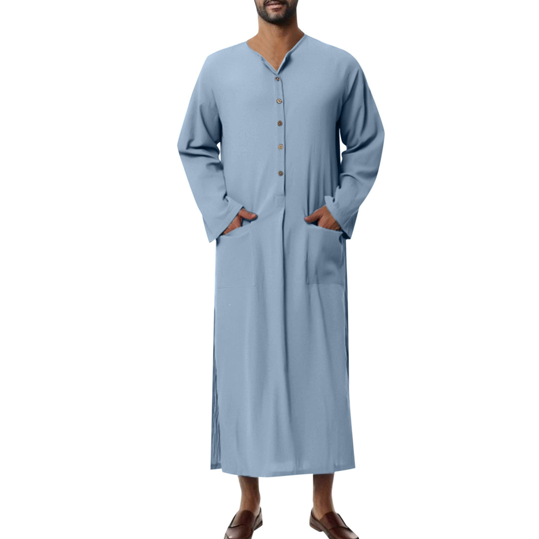 Herren nan weites langes Tunika-Kaftan aus atmungsaktivem Leinen mit Stehkragen Knopfblende und aufgesetzten Taschen Drune