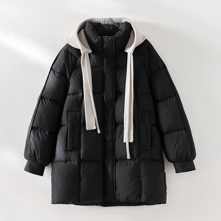 Damen wattierte Steppjacke mit Kapuze Rippkragen weitem Schnitt und Midilänge Drune