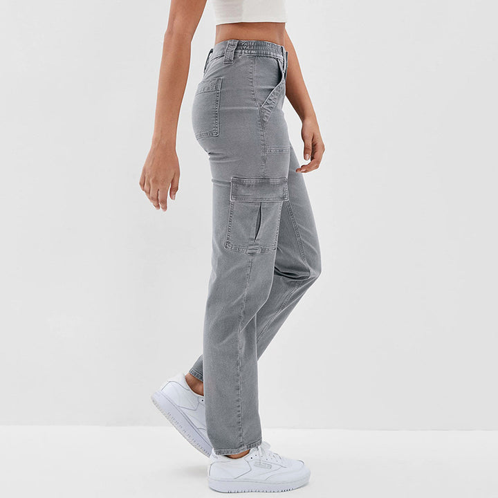 Damen Hochtaillierte Cargohose aus Denim mit geradem Bein und Mehrfachtaschen Drune