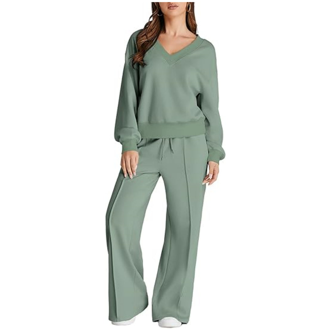 Damen Lässiges V-Ausschnitt Freizeit-Set mit weiter Jogginghose Drune