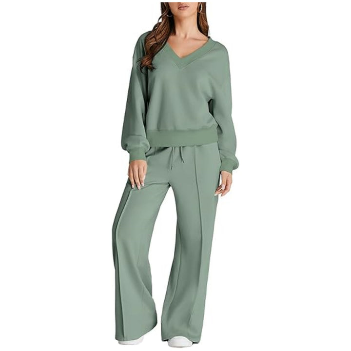 Damen Lässiges V-Ausschnitt Freizeit-Set mit weiter Jogginghose Drune