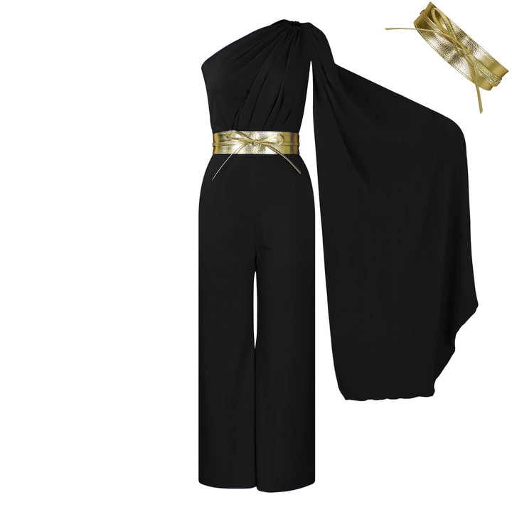 Damen Eleganter Einteiler mit asymmetrischem Design und schimmerndem Gürtel Drune
