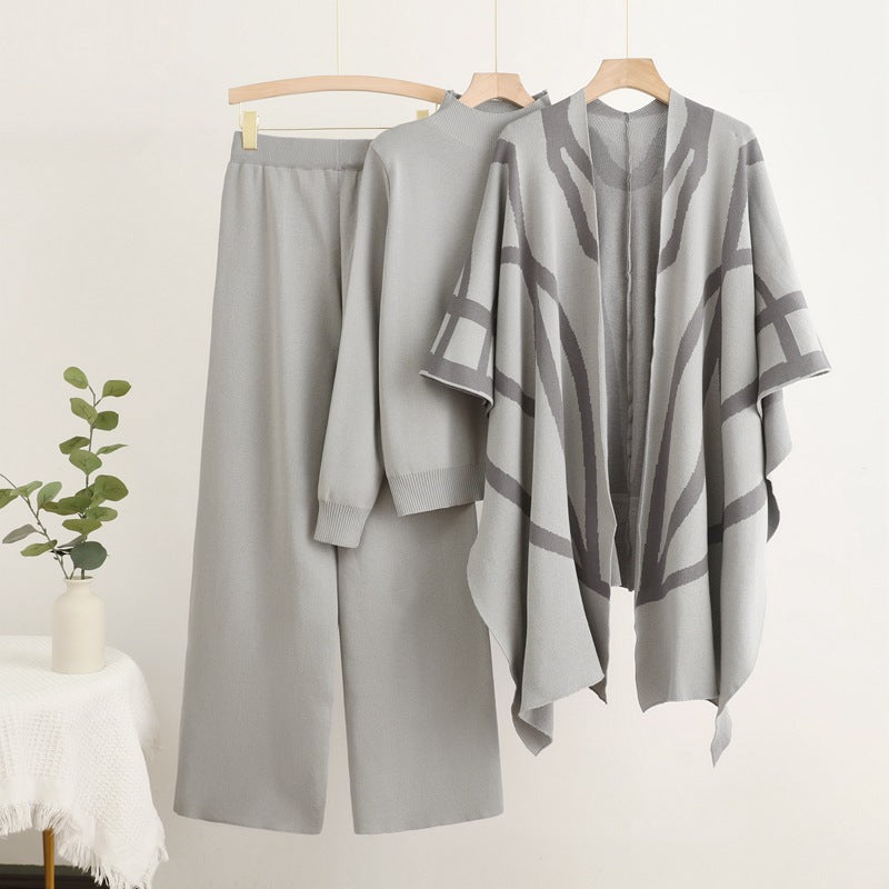 Damen trendiges Strick-Loungewear-Set mit grafischem Poncho-Design Drune