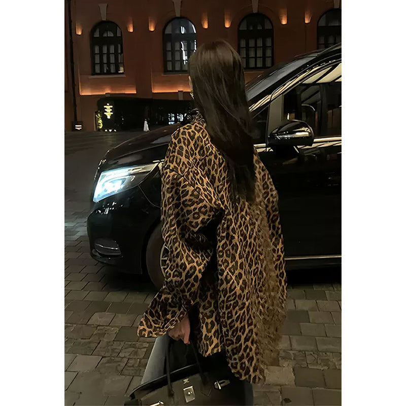 Damen Oversized Hemdjacke im modischen Leopardenmuster Drune