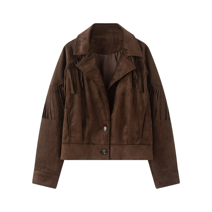 Damen nan kurze Wildlederoptik Fransenjacke mit Reverskragen und verdeckter Knopfleiste Drune