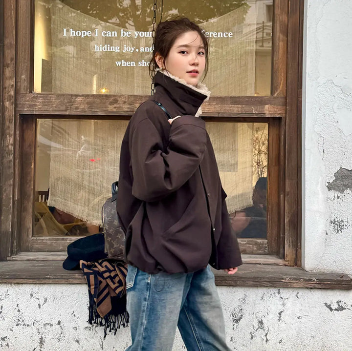 Damen Kurze Oversize-Boxy-Jacke mit Teddykragen und Druckknopfverschluss Drune