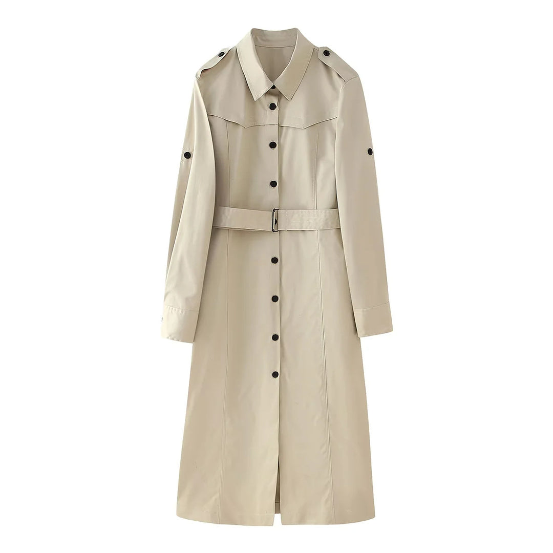 Damen nan langer taillierter Trenchcoat mit Taillengürtel Schulterklappen und durchgehender Knopfleiste Drune