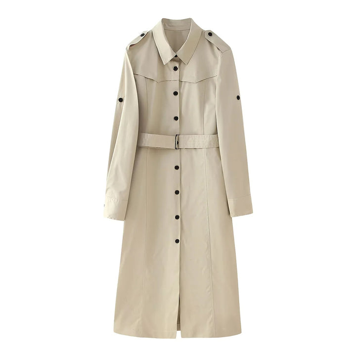 Damen nan langer taillierter Trenchcoat mit Taillengürtel Schulterklappen und durchgehender Knopfleiste Drune