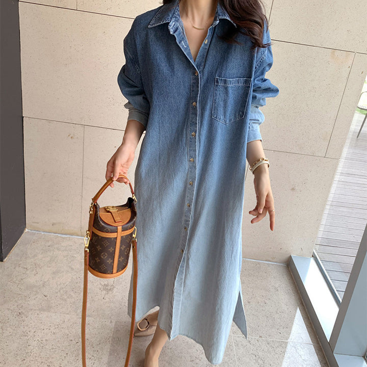 Damen Verlaufs-Jeans-Hemdkleid Maxi mit durchgehender Knopfleiste, Brusttasche und Seitenschlitzen Drune