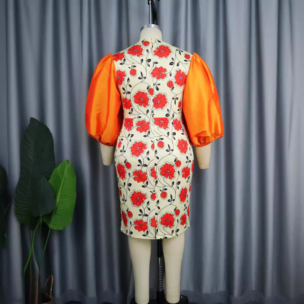 Damen figurbetontes Kleid mit voluminösen Puffärmeln und floralem Design Drune
