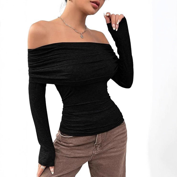 Damen Schulterfreies Ripp-Longsleeve mit weitem Umschlagkragen und taillierter Silhouette Drune