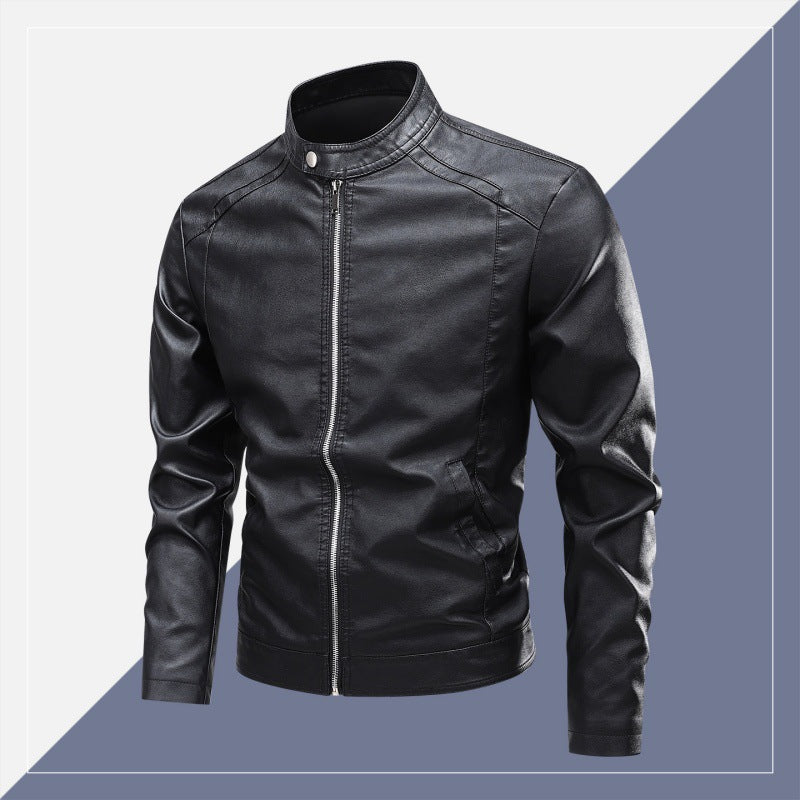 Herren Modische Lederjacke mit Stehkragen und praktischen Reißverschlusstaschen Drune