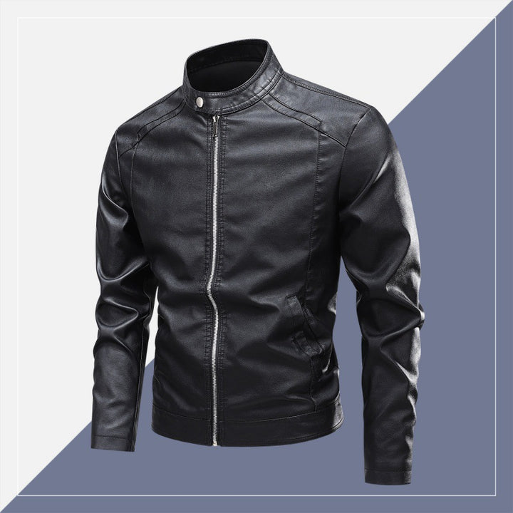 Herren Modische Lederjacke mit Stehkragen und praktischen Reißverschlusstaschen Drune