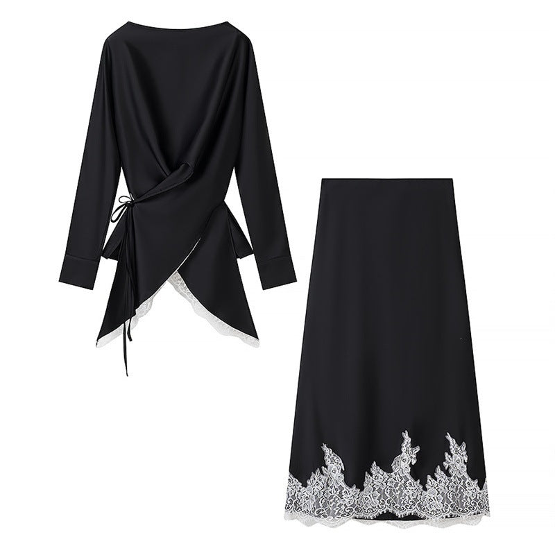Damen Zweiteiliges Satin-Set mit Wickelbluse, Spitzenbesatz und A‑Linien Maxirock Drune
