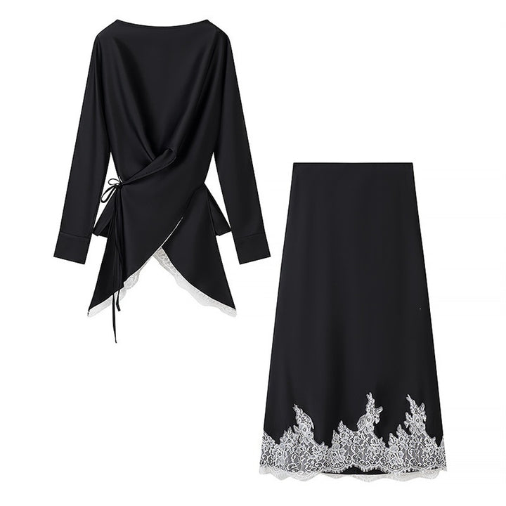 Damen Zweiteiliges Satin-Set mit Wickelbluse, Spitzenbesatz und A‑Linien Maxirock Drune