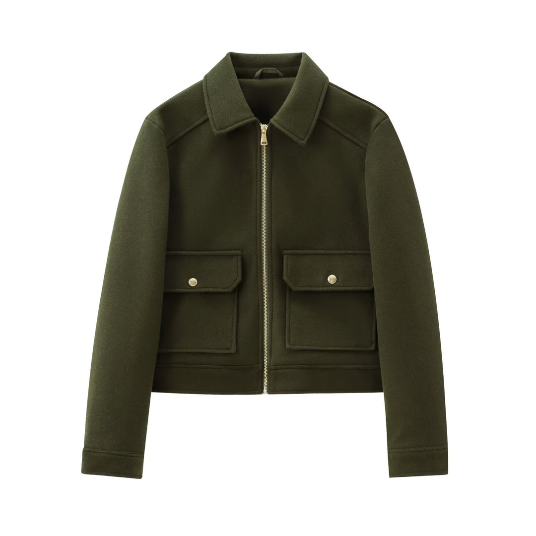 Damen Kurze Wollimitat-Fieldjacke mit durchgehendem Reißverschluss und vier aufgesetzten Pattentaschen Drune