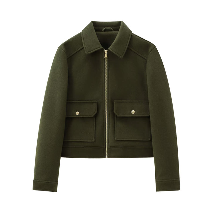 Damen Kurze Wollimitat-Fieldjacke mit durchgehendem Reißverschluss und vier aufgesetzten Pattentaschen Drune