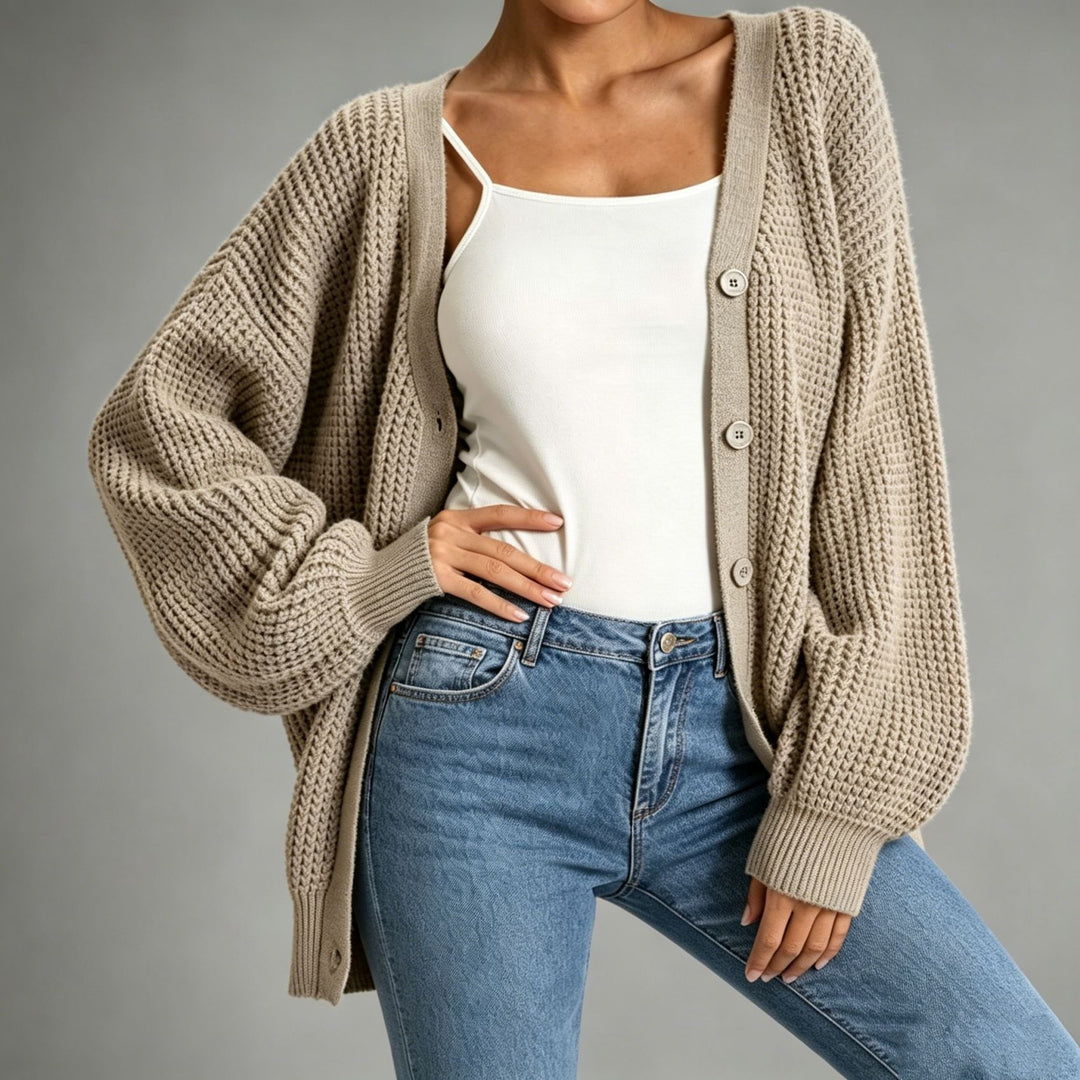 Damen Oversize Grobstrick-Cardigan mit Ballonärmeln und Knopfleiste Drune
