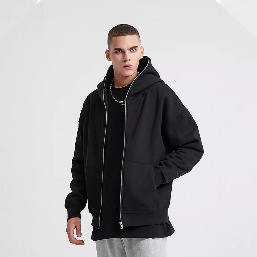 Unisex nan Kapuzenjacke mit durchgehendem Reißverschluss, doppellagiger Kapuze und Kängurutaschen Drune