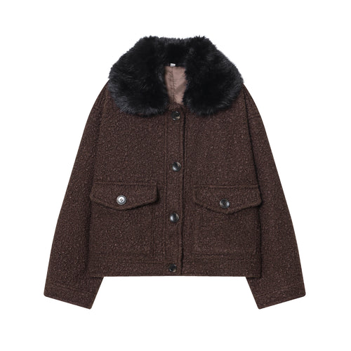 Damen nan cropped Bouclé‑Jacke mit abnehmbarem Kunstfellkragen, kastiger Silhouette und Pattentaschen Drune