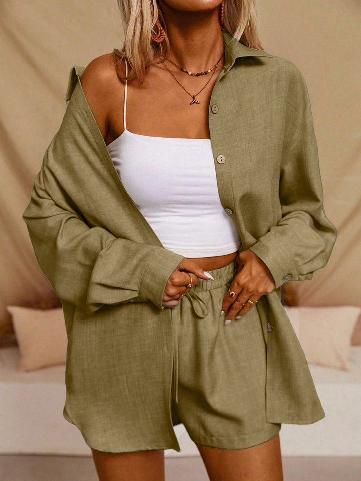 Damen lässiges Set aus oversized Hemd und kurzen Shorts Drune