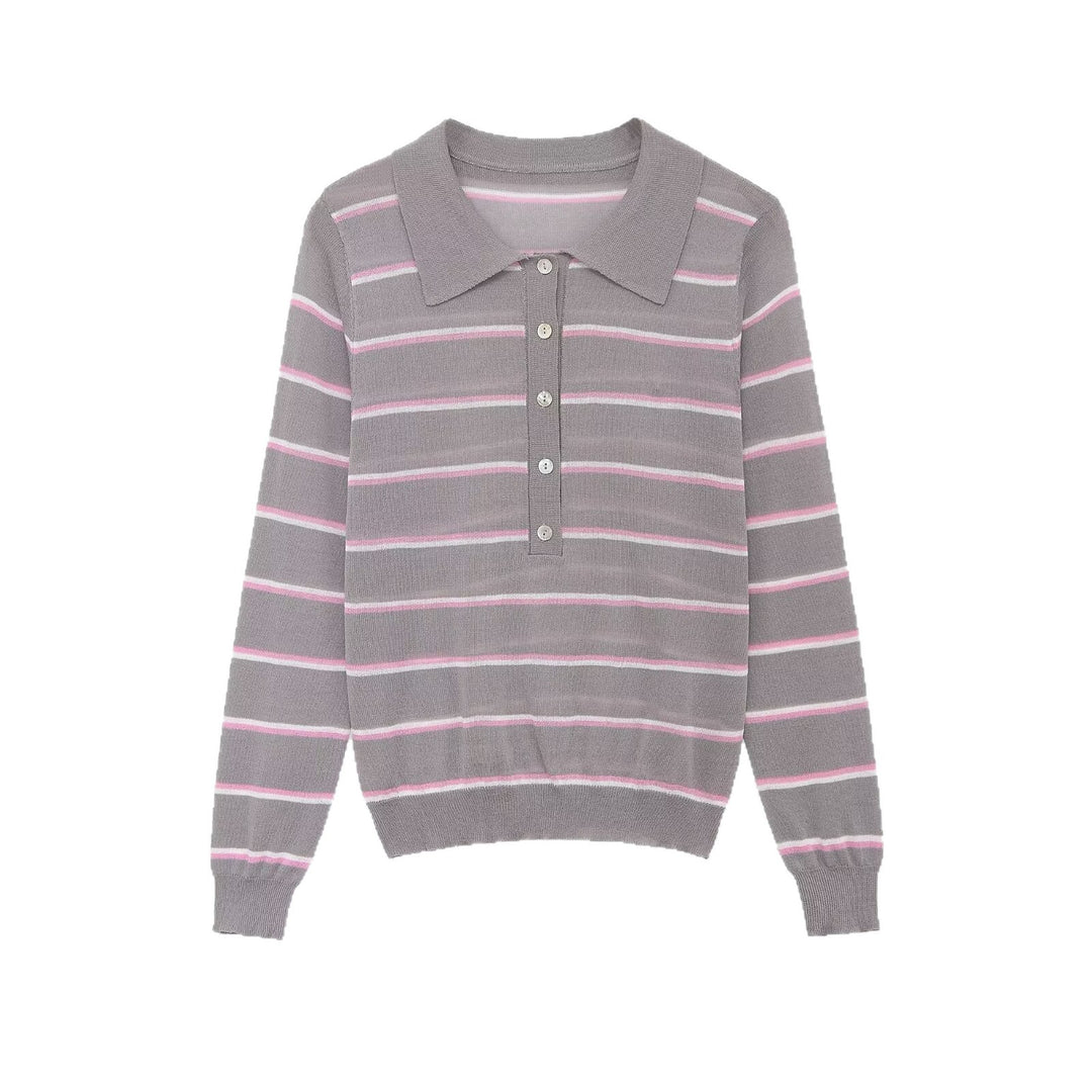 Damen Feinstrick-Polopullover mit Knopfleiste und feinen Querstreifen Drune