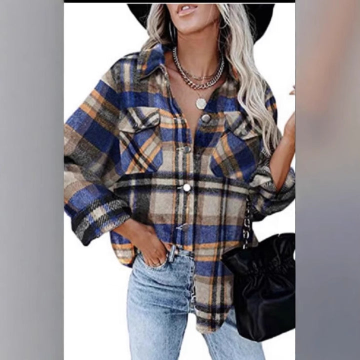 Damen Karierter Overshirt mit Knöpfen und Brusttaschen Drune