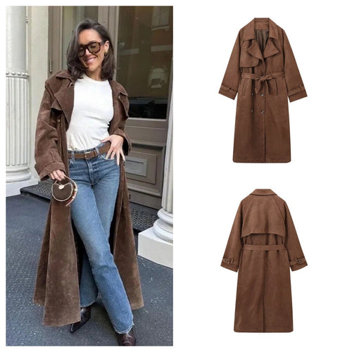 Damen elegante Suede Trenchcoat Drune