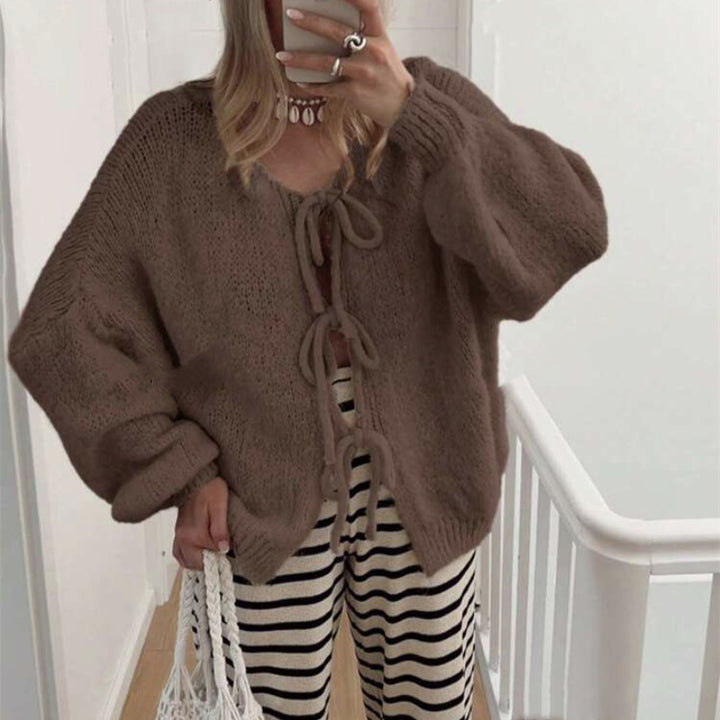 Damen Grobgestrickter Offener Cardigan mit Bindebändern, Oversize‑Silhouette und Raglanärmeln Drune