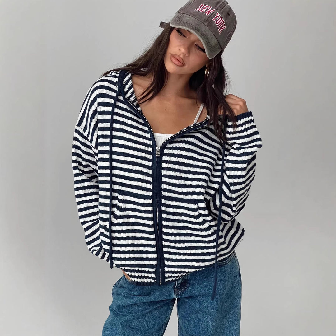Damen Cardigan im gestreiften Design mit hochwertigem Reißverschluss und lässigem Schnitt Drune