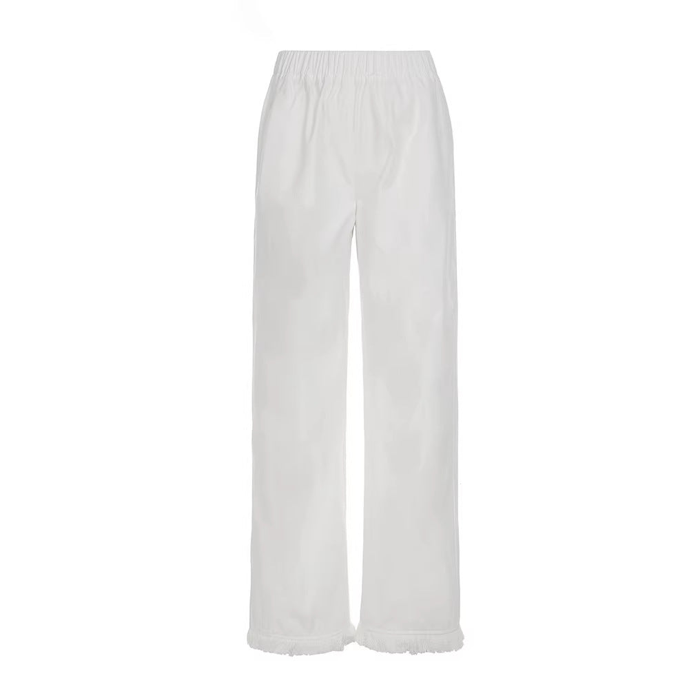 Damen Weite Straight‑Leg‑Hose mit elastischem Bund und Fransensaum Drune