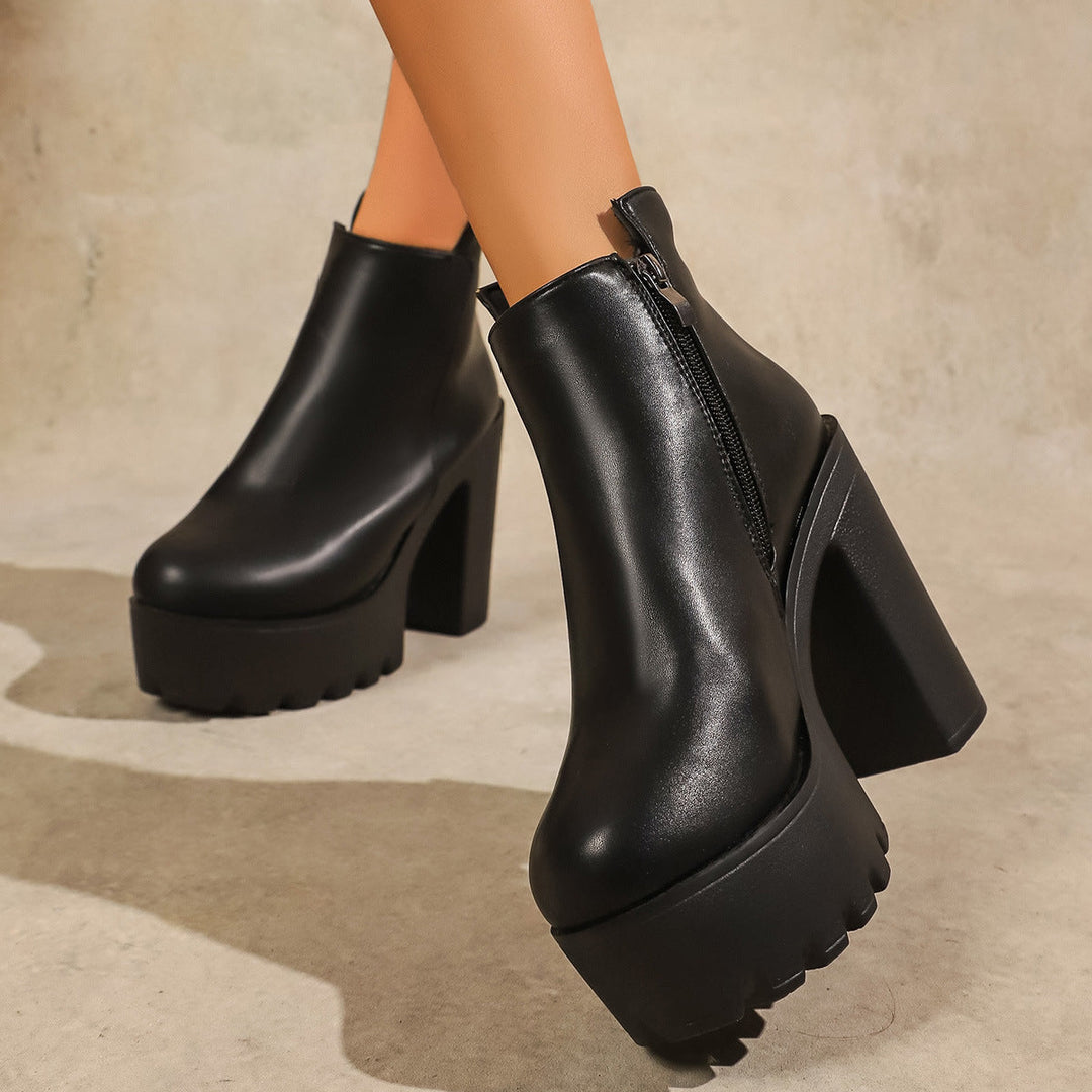 Damen Modische Plateau Stiefeletten mit markantem Blockabsatz und Reißverschluss Drune