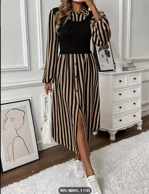 Damen Streifen Kleid mit tailliertem Oberteil und Knopfleiste Drune